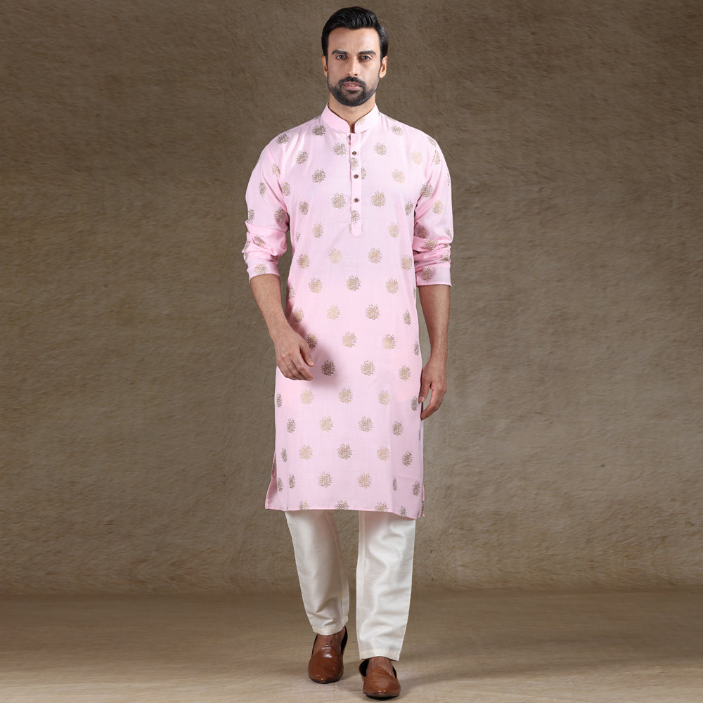 Ajay Arvindbhai Khatri Men's Cotton Flower Printed Stylish kurta Golden Pink Colour