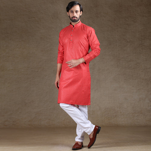 mens printed red colour kurta