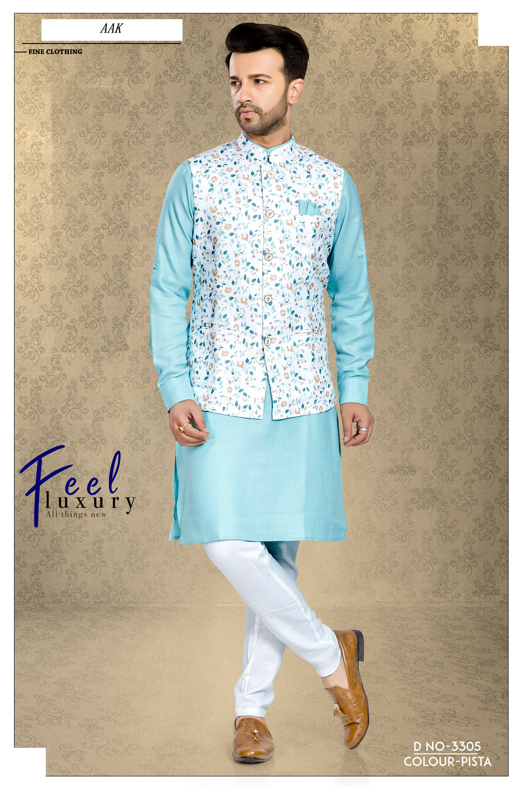 Ajay Arvindbhai Khatri Men's Dupain Silk Kurta Pajama 3 Pc. Set &  Printed  Nehru Jacket White Color