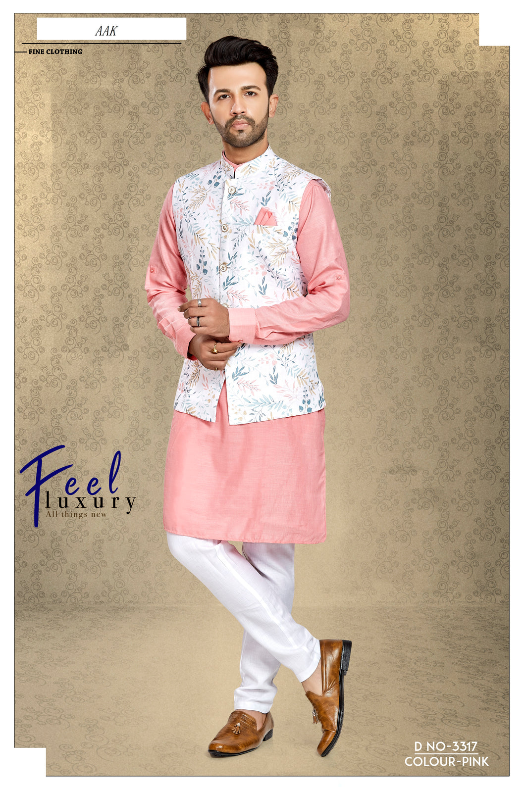 Ajay Arvindbhai Khatri Men's Dupain Silk Kurta Pajama Set Printed Nehru Jacket White Color