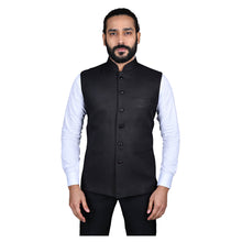 Load image into Gallery viewer, Ajay Arvindbhai Khatri Men&#39;s Jute Fabric Regular Nehru Jacket Black Colour
