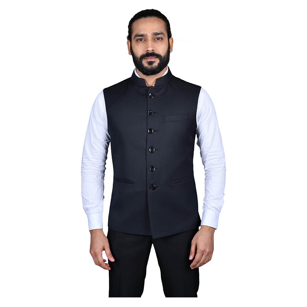 Ajay Arvindbhai Khatri Men's Jute Fabric Regular Nehru Jacket Blue Colour