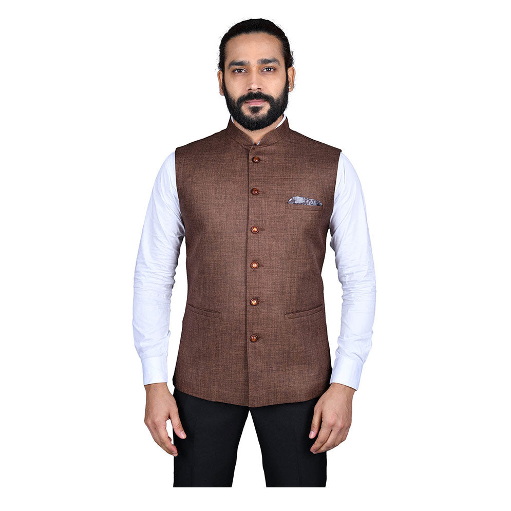 Ajay Arvindbhai Khatri Men's Jute Fabric Regular Nehru Jacket Brown Colour