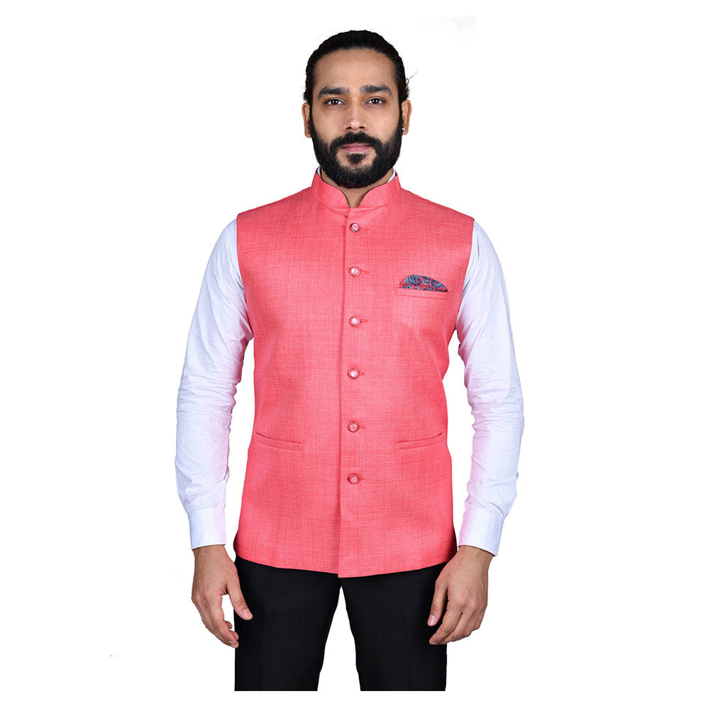 Ajay Arvindbhai Khatri Men's Jute Fabric Regular Nehru Jacket Dark Pink Colour