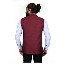 Load image into Gallery viewer, Ajay Arvindbhai Khatri Men&#39;s Jute Fabric Regular Nehru Jacket Maroon Colour
