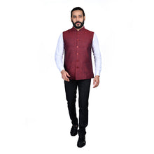 Load image into Gallery viewer, Ajay Arvindbhai Khatri Men&#39;s Jute Fabric Regular Nehru Jacket Maroon Colour
