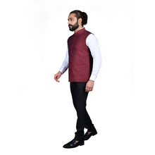 Load image into Gallery viewer, Ajay Arvindbhai Khatri Men&#39;s Jute Fabric Regular Nehru Jacket Maroon Colour
