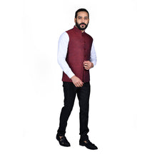 Load image into Gallery viewer, Ajay Arvindbhai Khatri Men&#39;s Jute Fabric Regular Nehru Jacket Maroon Colour
