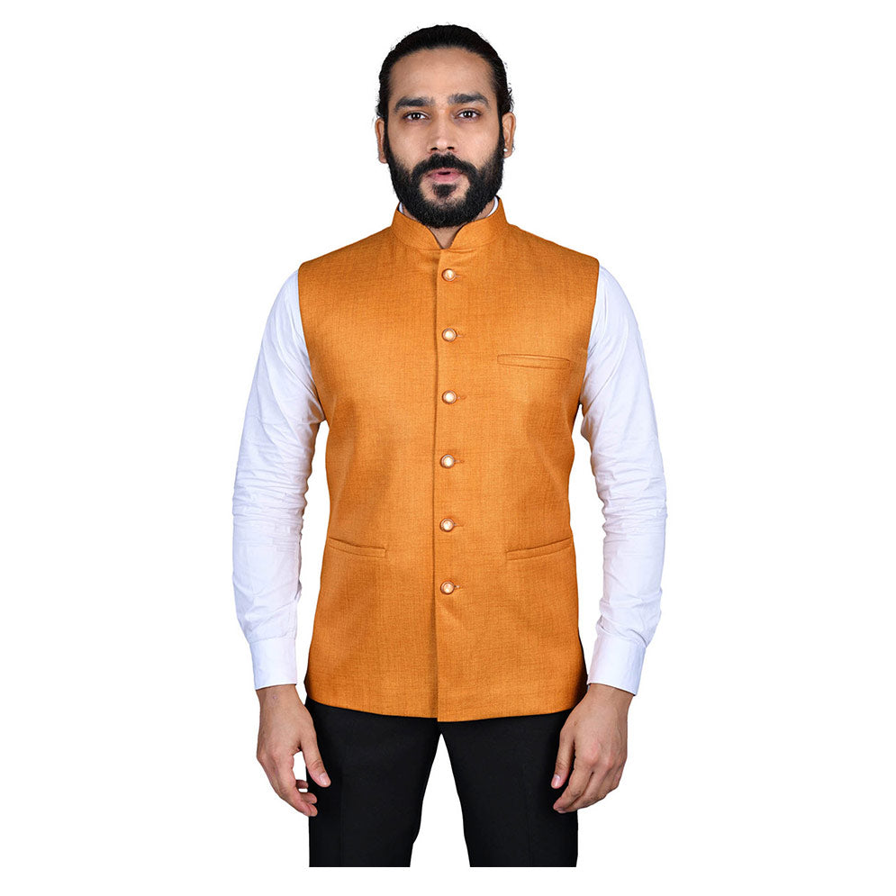 Ajay Arvindbhai Khatri Men's Jute Fabric Regular Nehru Jacket Mustard Colour