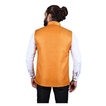 Load image into Gallery viewer, Ajay Arvindbhai Khatri Men&#39;s Jute Fabric Regular Nehru Jacket Mustard Colour
