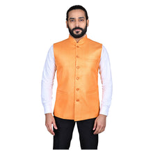 Load image into Gallery viewer, Ajay Arvindbhai Khatri Men&#39;s Jute Fabric Regular Nehru Jacket Orange Colour
