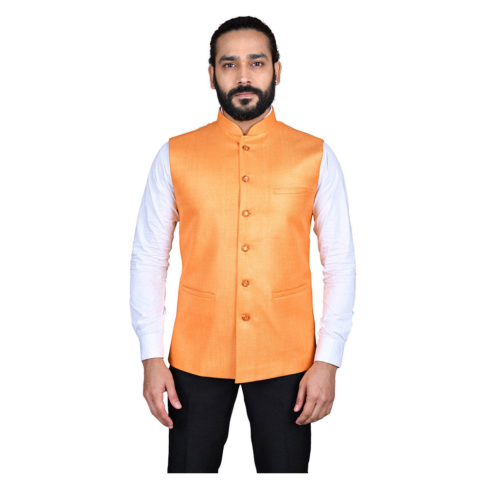 Ajay Arvindbhai Khatri Men's Jute Fabric Regular Nehru Jacket Orange Colour