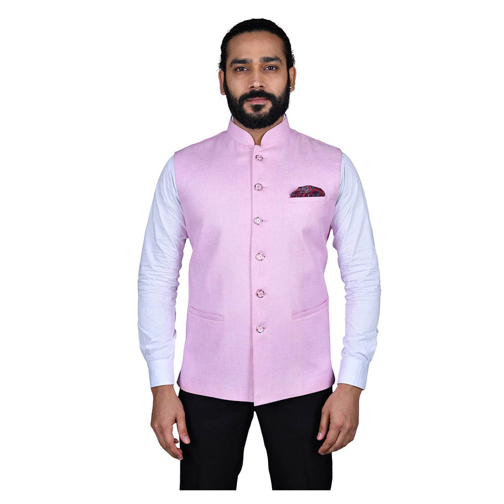 Ajay Arvindbhai Khatri Men's Jute Fabric Regular Nehru Jacket Pink Colour