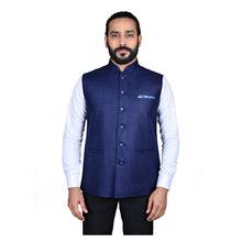 Load image into Gallery viewer, Ajay Arvindbhai Khatri Men&#39;s Jute Fabric Regular Nehru Jacket Royal Blue Colour
