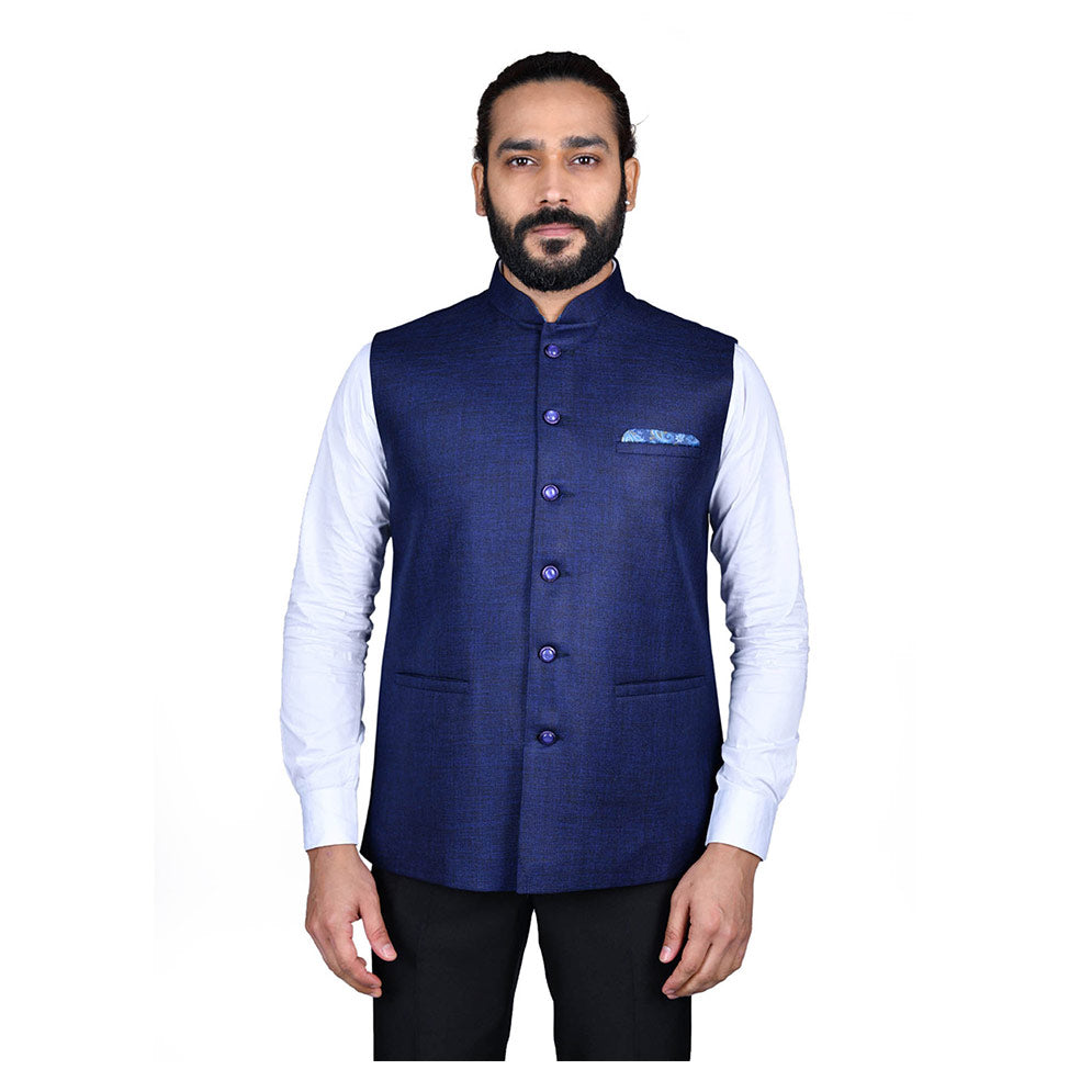 Ajay Arvindbhai Khatri Men's Jute Fabric Regular Nehru Jacket Royal Blue Colour