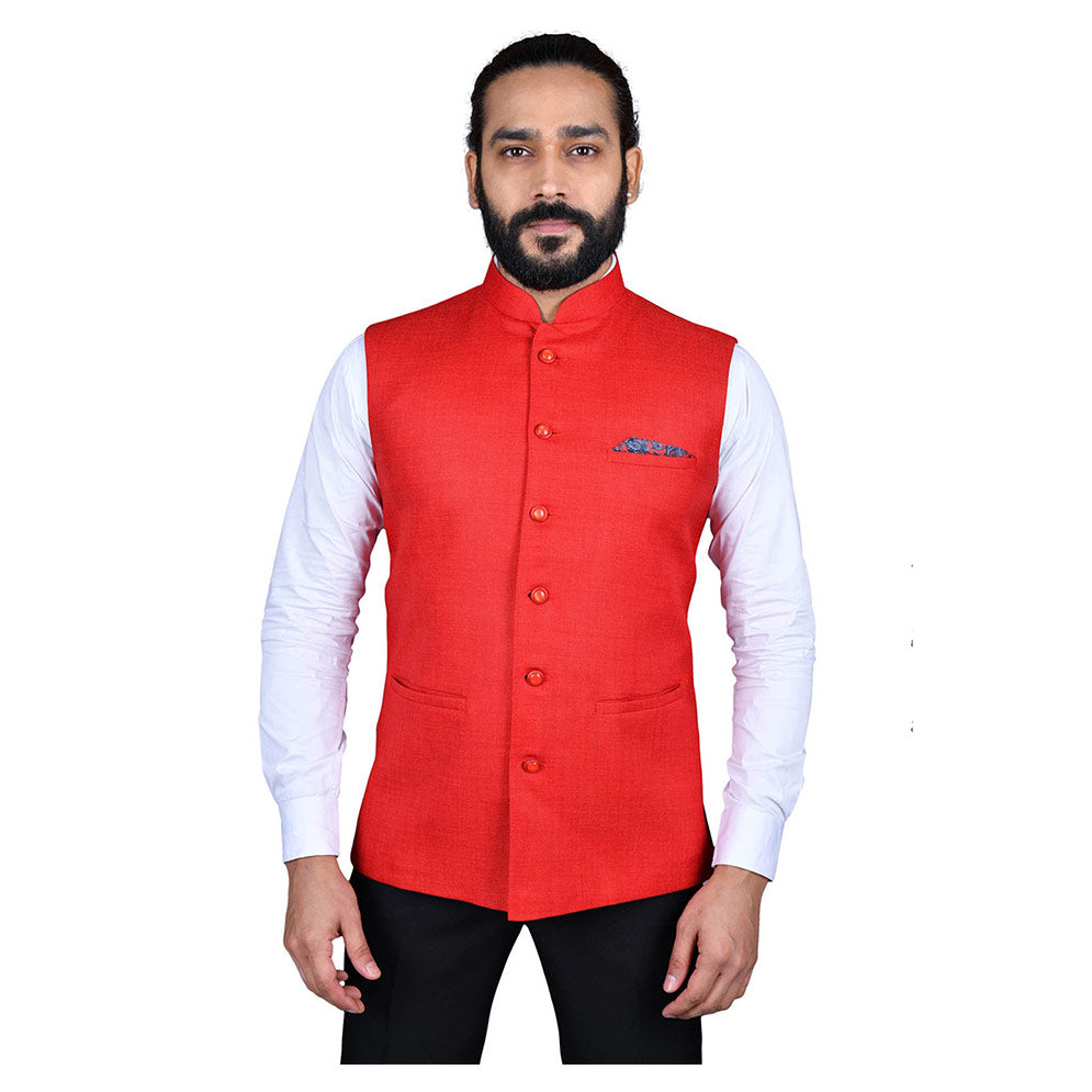 Ajay Arvindbhai Khatri Men's Jute Fabric Regular Nehru Jacket Red Colour