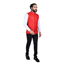Load image into Gallery viewer, Ajay Arvindbhai Khatri Men&#39;s Jute Fabric Regular Nehru Jacket Red Colour

