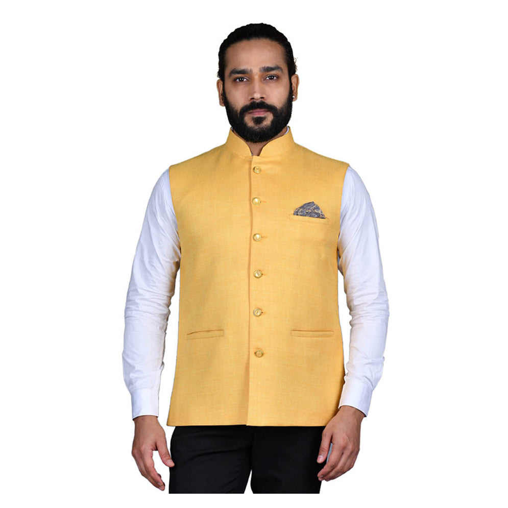 Ajay Arvindbhai Khatri Men's Jute Fabric Regular Nehru Jacket Yellow Colour