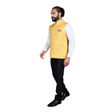 Load image into Gallery viewer, Ajay Arvindbhai Khatri Men&#39;s Jute Fabric Regular Nehru Jacket Yellow Colour
