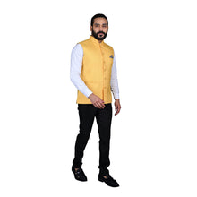 Load image into Gallery viewer, Ajay Arvindbhai Khatri Men&#39;s Jute Fabric Regular Nehru Jacket Yellow Colour
