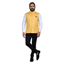 Load image into Gallery viewer, Ajay Arvindbhai Khatri Men&#39;s Jute Fabric Regular Nehru Jacket Yellow Colour

