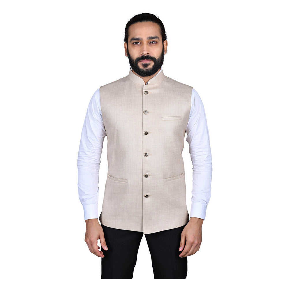 Ajay Arvindbhai Khatri Men's Jute Fabric Regular Nehru Jacket Light Beige Colour