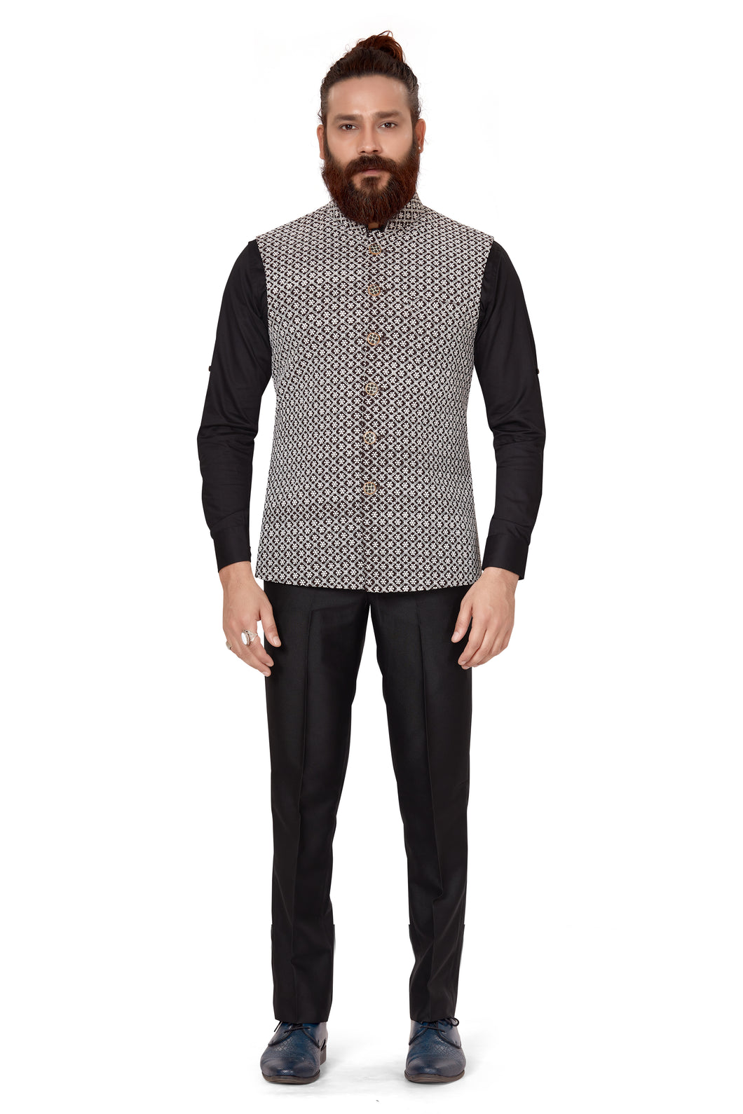 Ajay Arvindbhai Khatri Men's  Embroidered Fabric Regular Nehru Jacket Coffee Brown Color