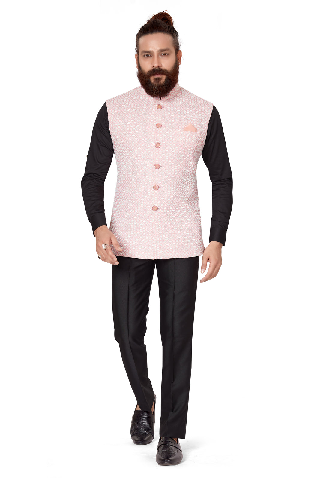 Ajay Arvindbhai Khatri Men's  Embroidered Fabric Regular Nehru Jacket Pink Color