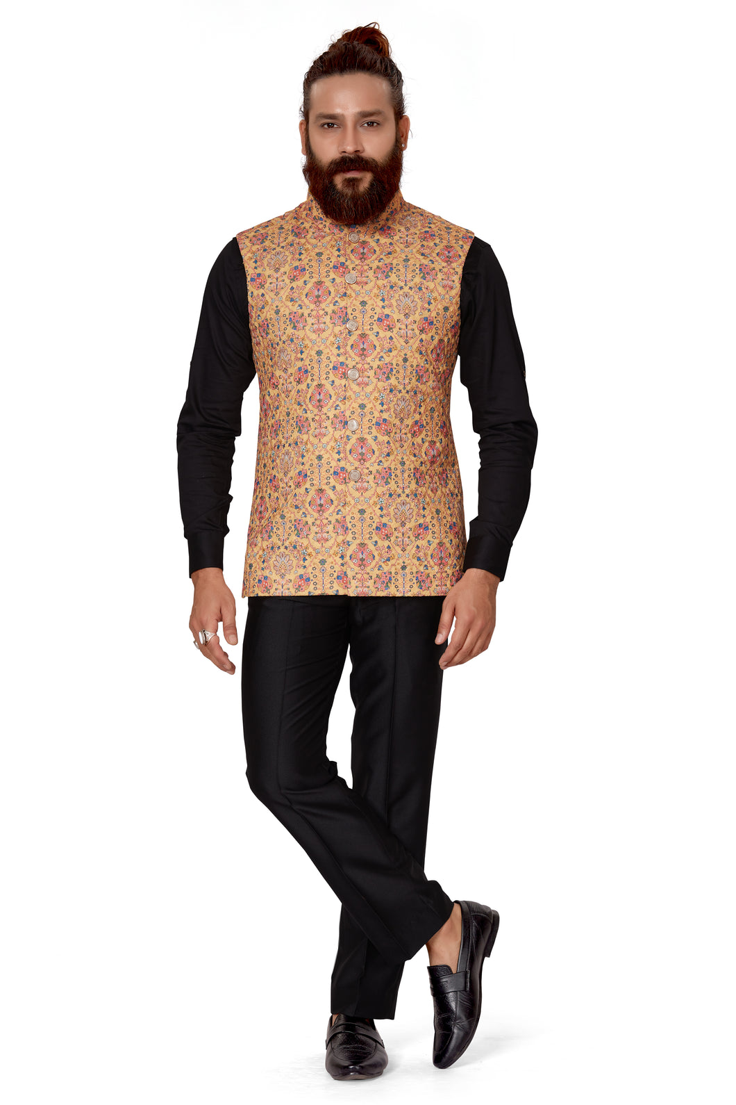 Ajay Arvindbhai Khatri Men's  chikan Fabric Regular Nehru Jacket Yellow Color