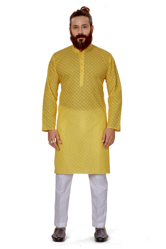 mens yellow color cotton embroidery kurta