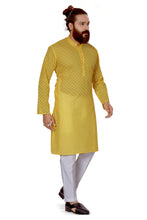 Load image into Gallery viewer, Ajay ArvindBhai Khatri Men&#39;s Pure Cotton Chakan Embroidery kurta Yellow Color
