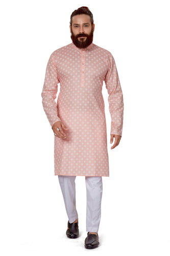 mens cotton printed peach colour kurta
