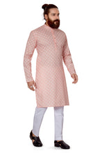 Load image into Gallery viewer, mens cotton printed peach colour kurta
