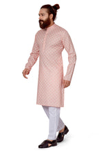 Load image into Gallery viewer, mens cotton printed peach colour kurta
