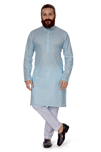 mens cotton printed sky blue colour kurta