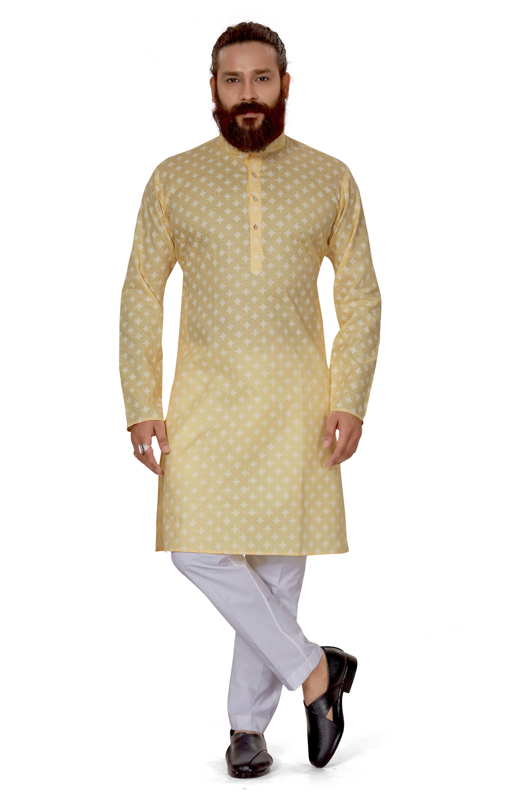 Ajay Arvindbhai Khatri Men's Cotton Printed Fabric Kurta Light Yellow
