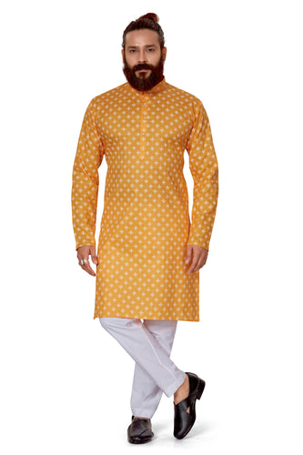 mens cotton printed yellow colour kurta