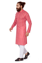 Load image into Gallery viewer, Ajay Arvindbhai Khatri Men&#39;s Pure Cotton Chakan Embroidery Kurta Drack Pink Color
