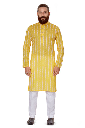 mens yellow color cotton embroidery kurta