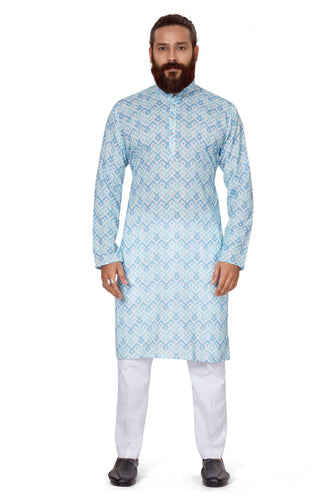mens cotton printed sky blue colour kurta