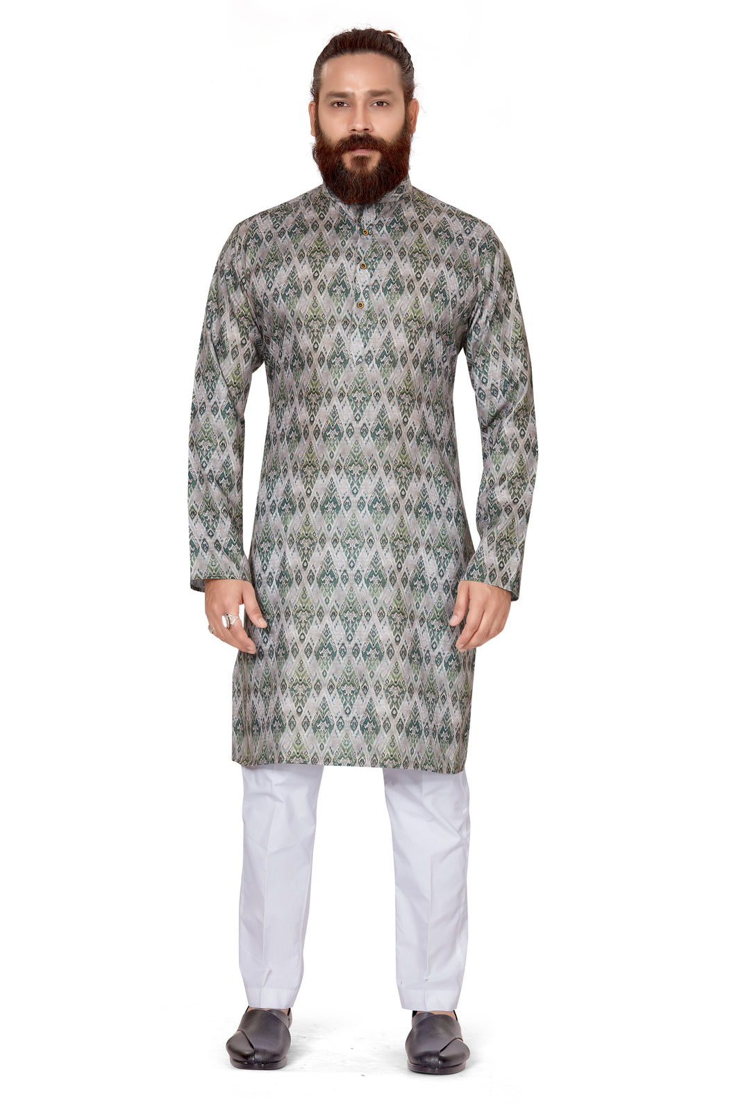 mens cotton printed green colour kurta