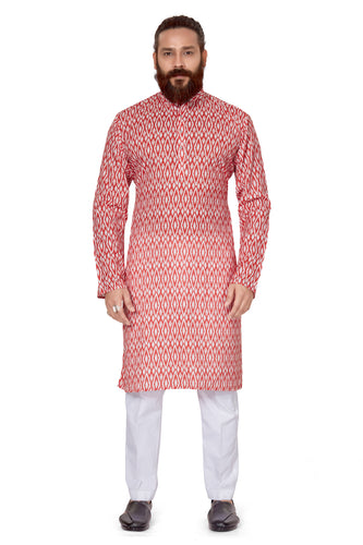 mens cotton printed red colour kurta