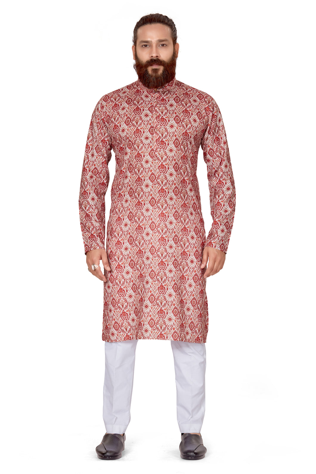 Ajay Arvindbhai Khatri Men's Cotton Printed Fabric Kurta Cream Red