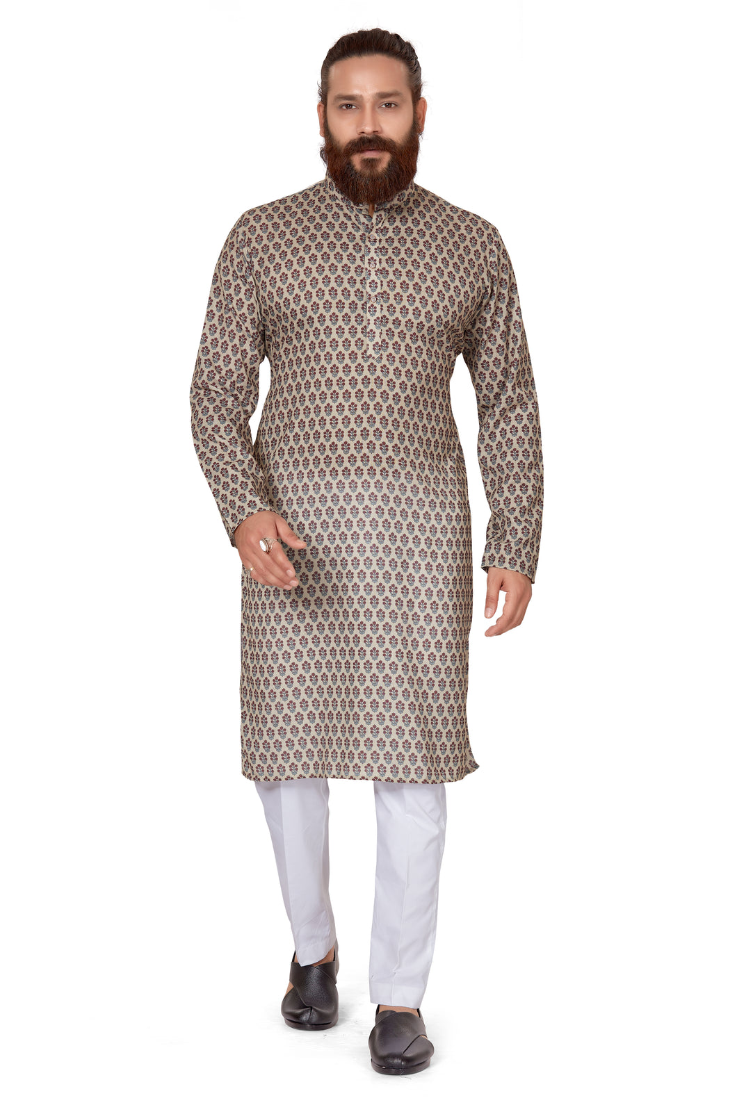 Ajay Arvindbhai Khatri Men's Cotton Printed Kurta Cream Wine