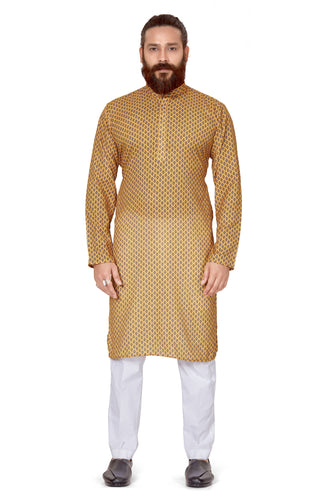 mens cotton printed yellow colour kurta