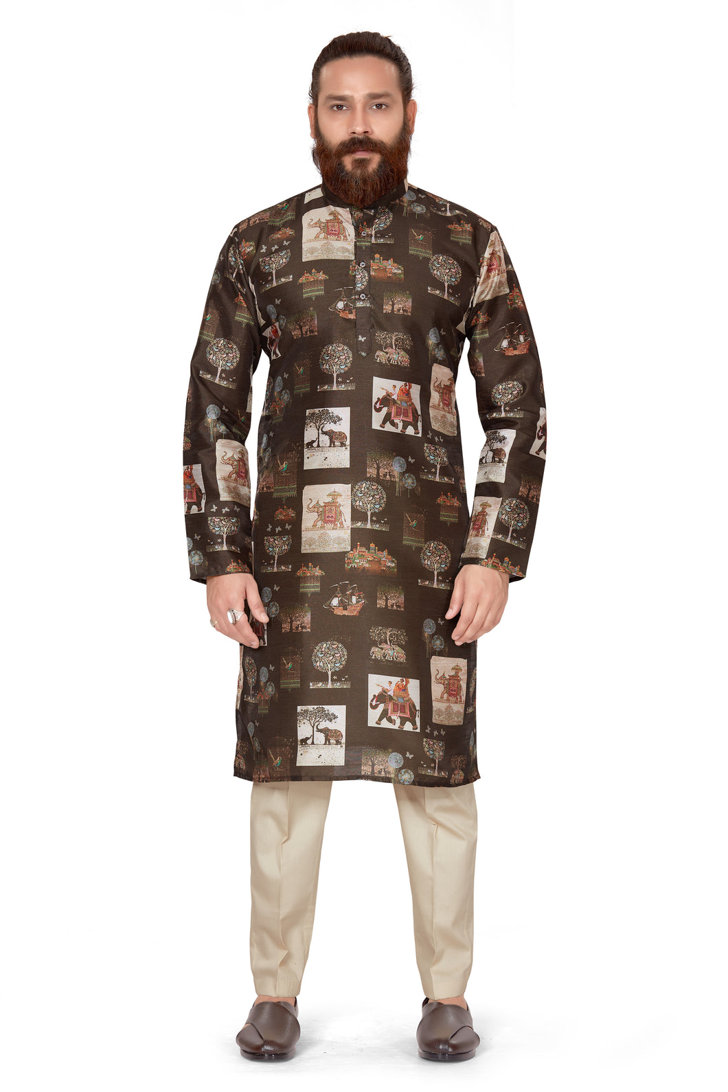 Ajay Arvindbhai Khatri Men's Poli Dupion  Printed Kurta Mehandi Color