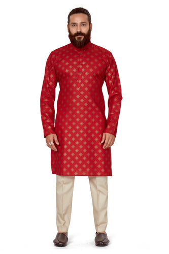mens cotton printed red colour kurta