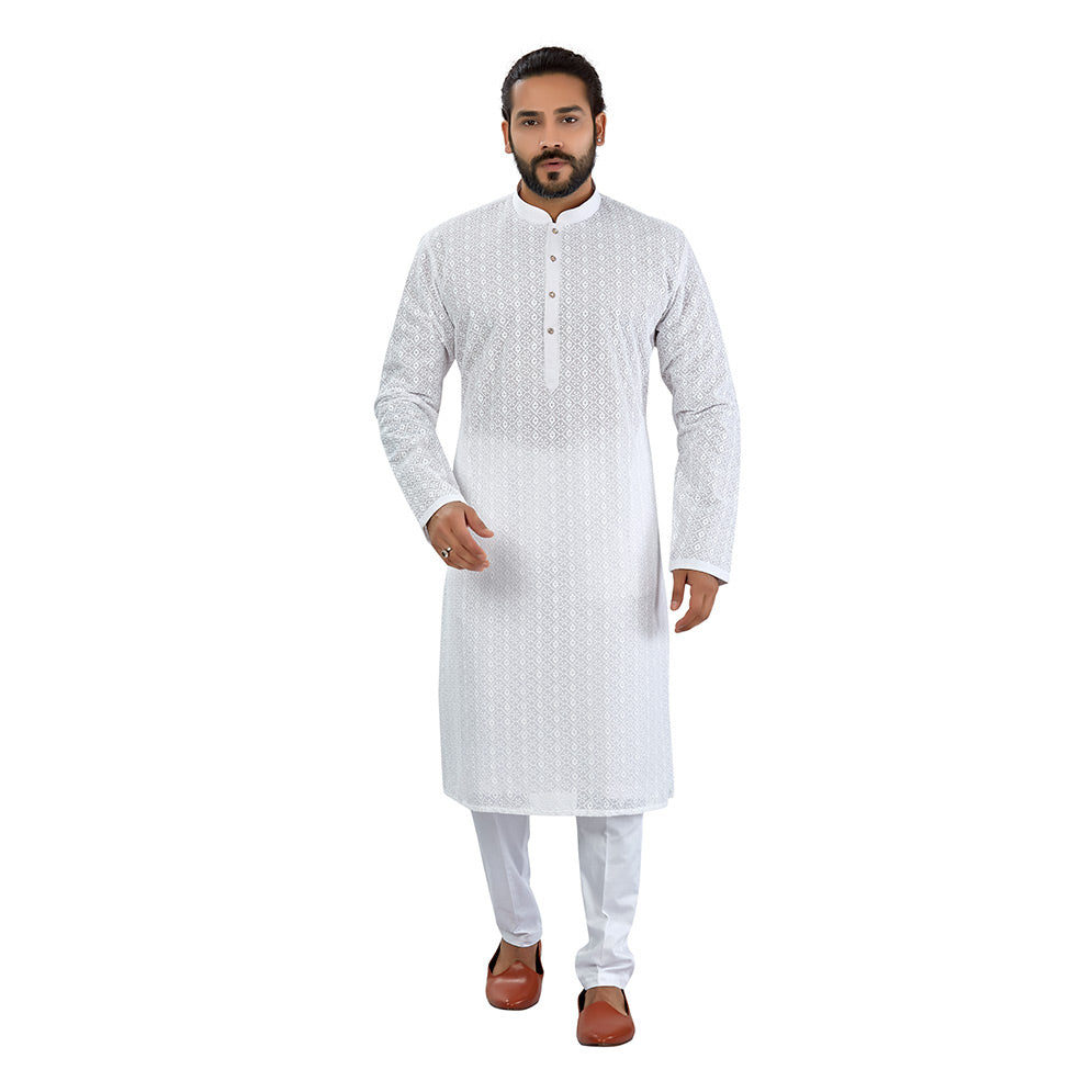Ajay Arvindbhai Khatri Men's Pure Cotton Regular Lucknowi Chikan kurta White Colour