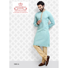 Load image into Gallery viewer, Ajay Arvindbhai Khatri Men&#39;s Neck Work Rama Green Color Kurta with Pyjama Set
