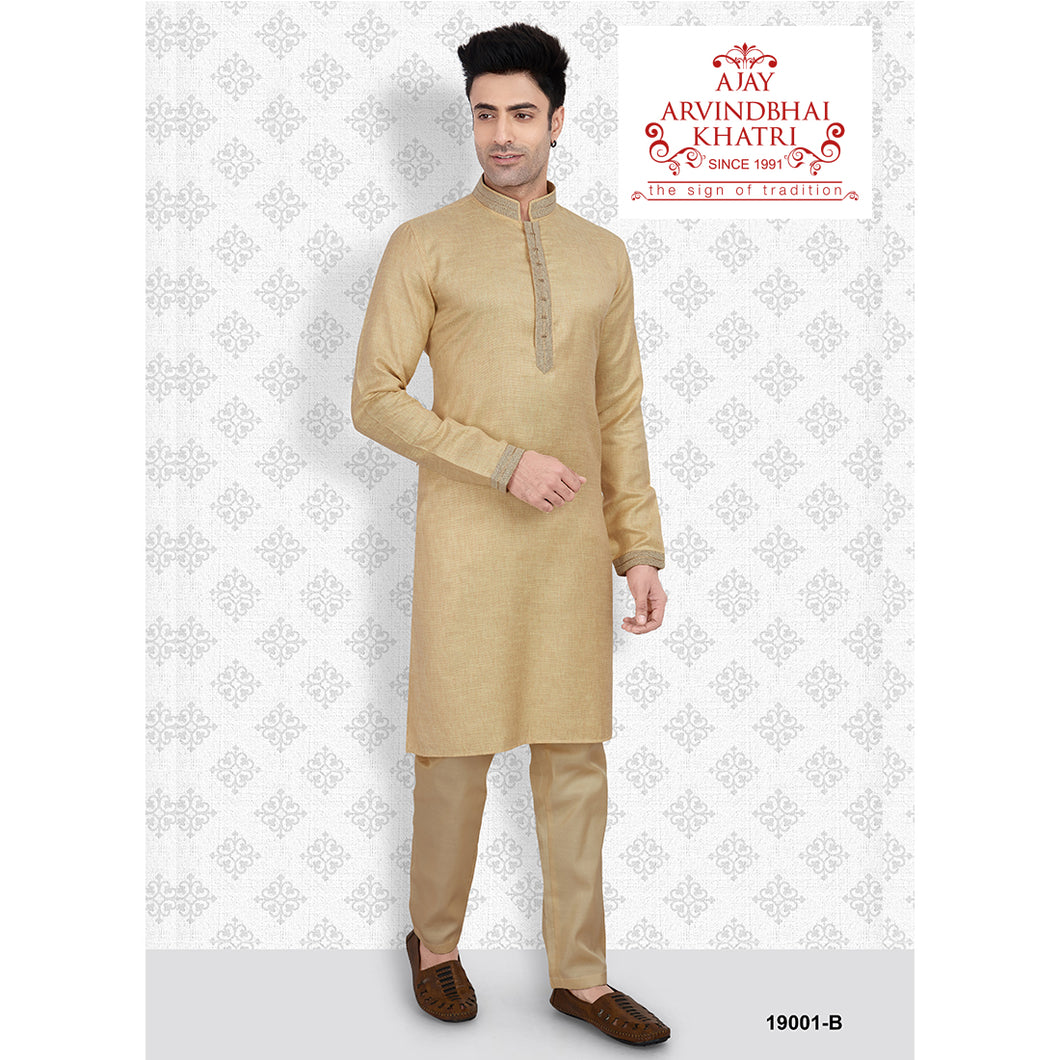 Ajay Arvindbhai Khatri Men's Neck Work Beige Color Kurta with Pyjama Set